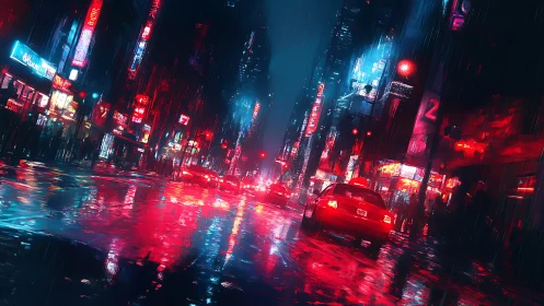 Neon drenched rainy boulevard with reflective wet asphalt grid.