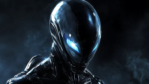 Futuristic chrome android glares through smoky neon gloom