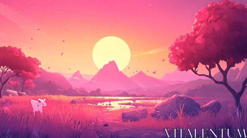 Dreamy pink valley sunset with quiet wandering cow.