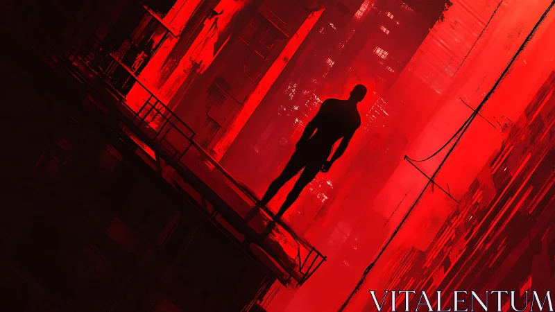 Silhouette on urban ledge in red vertical cityscape.