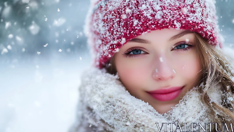 Snow-covered woman in red knit hat with serene gaze.