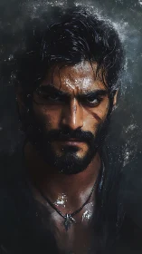 Brooding warrior portrait radiates grit and storm-lit resolve.