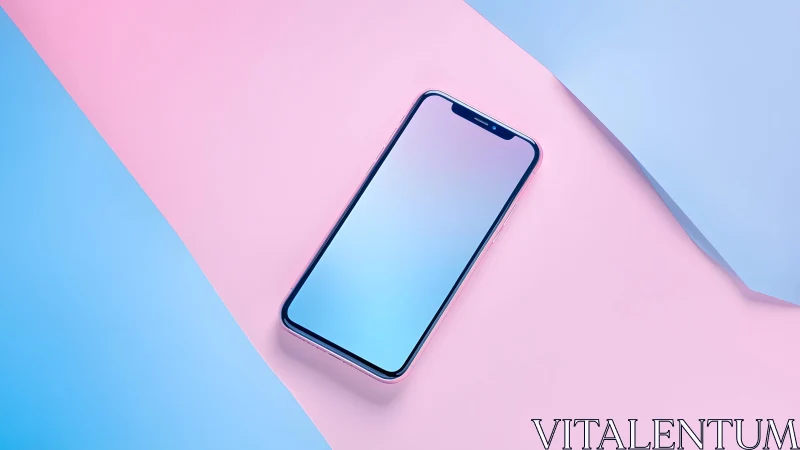 Modern smartphone on pastel blue and pink background, minimal style.