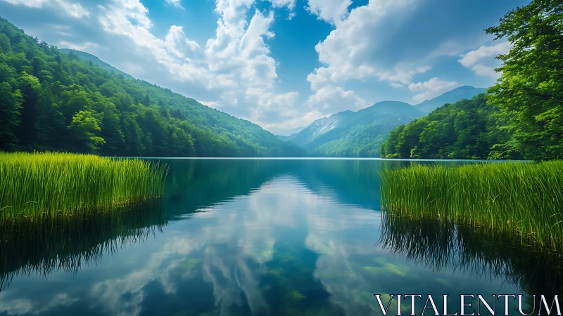 Symmetric alpine lake reflection with vegetated littoral zone.