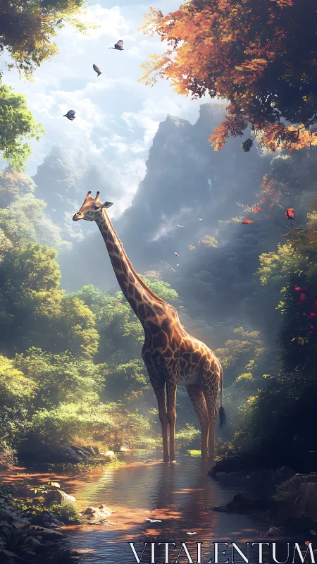Gentle giraffe wandering through a sunlit forest stream.