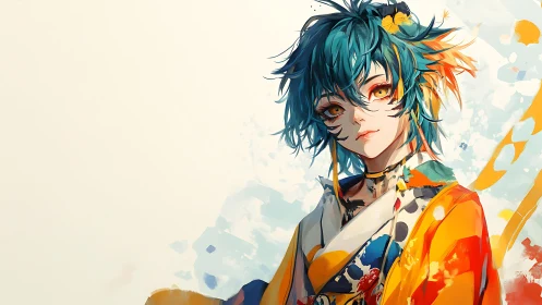 Vibrant kimono youth with teal hair and golden gaze portrait.