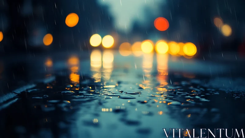 Shallow depth of field reveals neon bokeh over wet city pavement