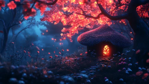 Enchanted forest hut under glowing cherry blossom canopy.