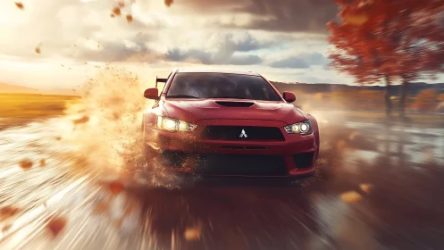 Thrilling red sports car surges through a glowing autumn road