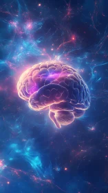 Luminous neural brain model floats in nebular deep space field