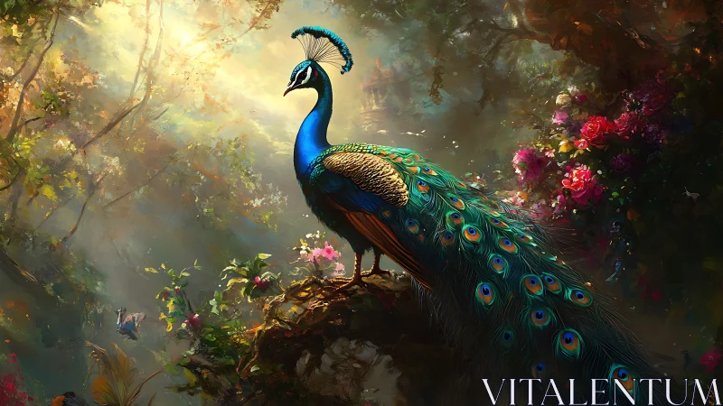 Majestic peacock in enchanted forest, digital fantasy art style.