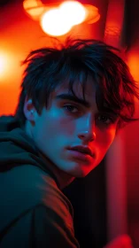 Young man in neon red and blue cinematic portrait lighting
