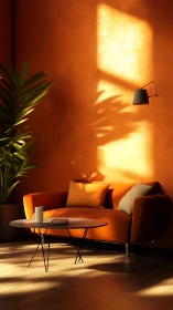 Sunlit orange living room corner with sofa and plant