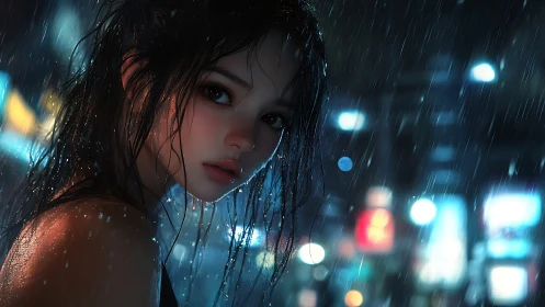Rain-soaked girl gazes back in neon city night portrait.