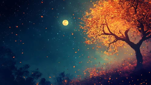 Moonlit autumn tree scattering stardust leaves across night.
