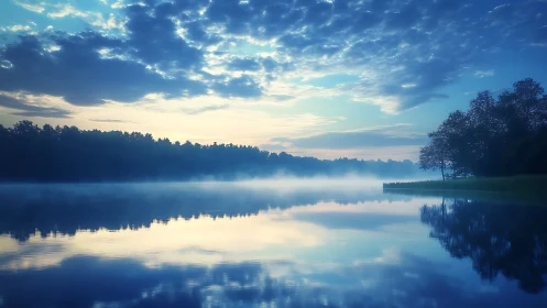 Blue-toned lakeside landscape with mist and tree silhouettes.
