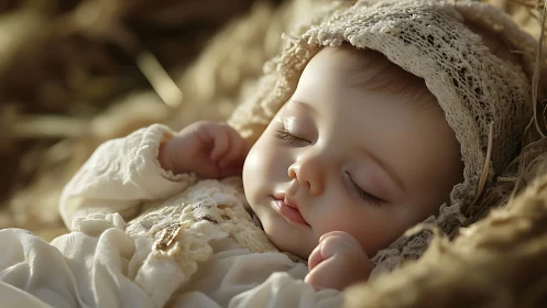 Sleeping infant wrapped in delicate cream lace fabric