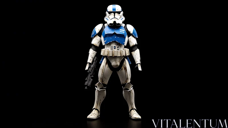 Battleworn blue-armored trooper stands defiant in voided dark.