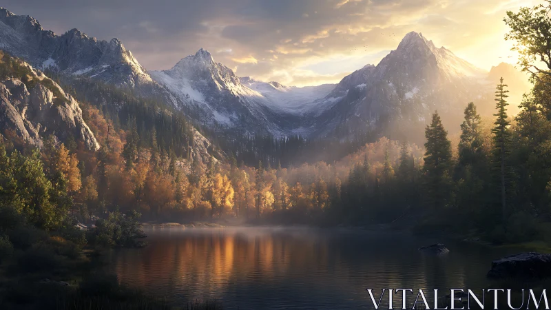 Sunlit alpine lake reflects autumn forest under snowy peaks