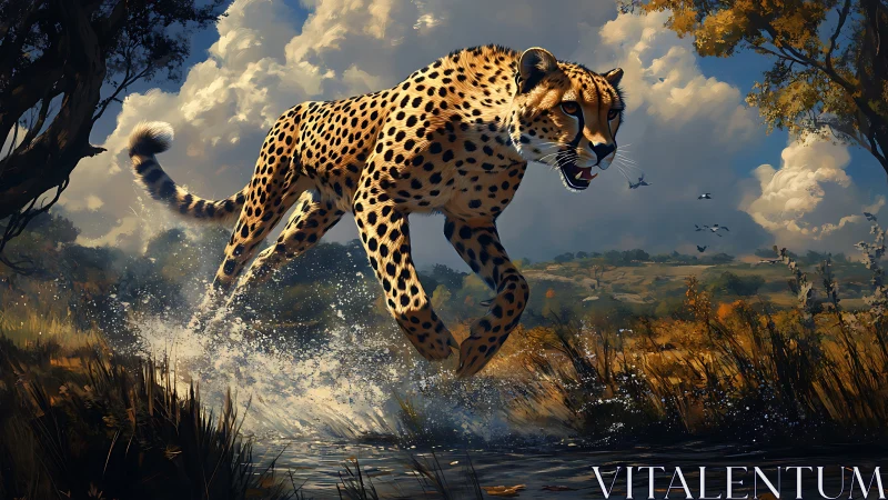 Leaping Cheetah Mid-Sprint: Dynamic Feline Predator in Motion.