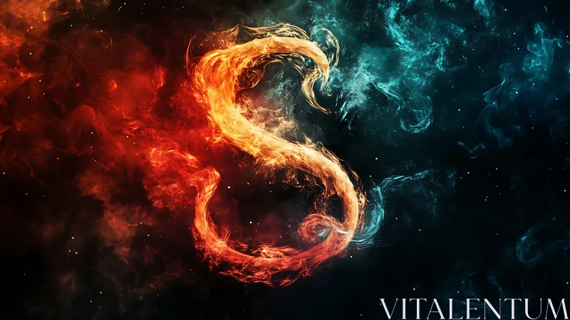 Fiery and icy smoke forming glowing S shape in space.