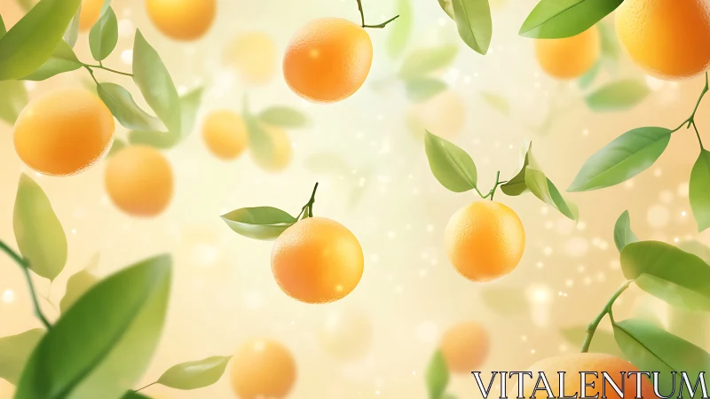 Soft-focus digital citrus grove renders weightless oranges