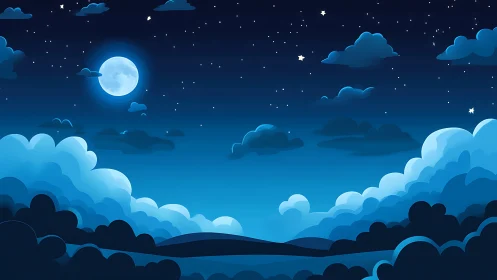 Moonlit night sky glows above rolling clouds and hills.