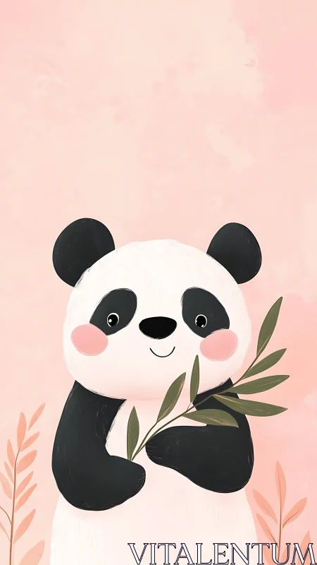 Cute cartoon panda holding leafy branch on pink background.