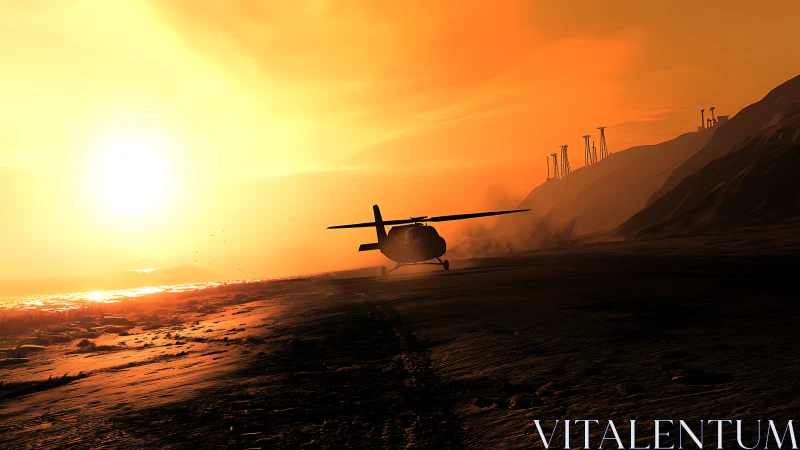 Sunlit coastal approach with silhouetted landing helicopter.
