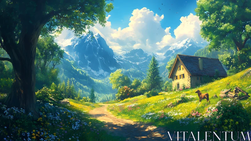Sunlit mountain meadow invites a quiet cottage and foal dream