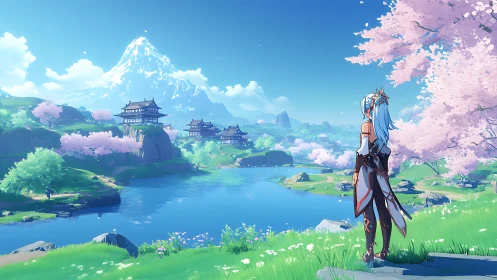 Anime landscape with cherry blossoms and distant snow peak.