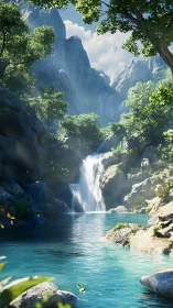 Sunlit mountain waterfall and tranquil turquoise lagoon.