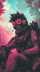 Hooded figure in tactical gear sits under neon sky