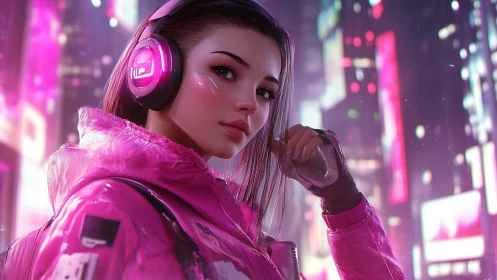 Neon city portrait of gamer girl in reflective pink jacket.