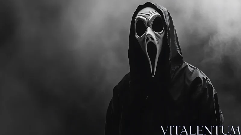 Hooded spectral figure in high-contrast monochrome fog field.