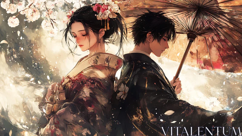 Elegant kimono couple beneath sakura blossoms in soft light.