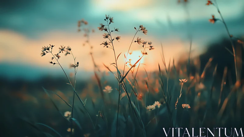 Wildflower silhouettes glow softly in dreamy sunset light.
