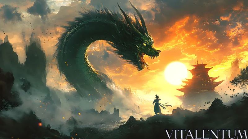 Colossal emerald dragon confronting lone warrior at sunset