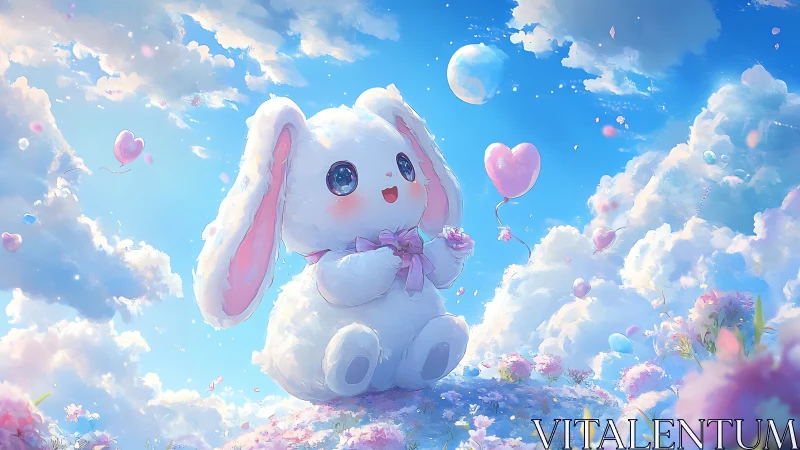 Fluffy bunny holds heart balloon under radiant cloud sky