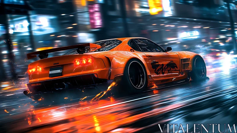 Widebody drift car accelerates through neon-lit wet city streets