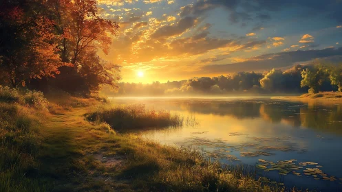 Sunset whispers along a golden riverside autumn path.