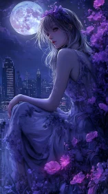 Moonlit city dreamer wrapped in violet rooftop blossoms.
