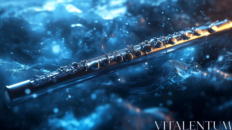 Silver flute gleams against swirling blue liquid waves.