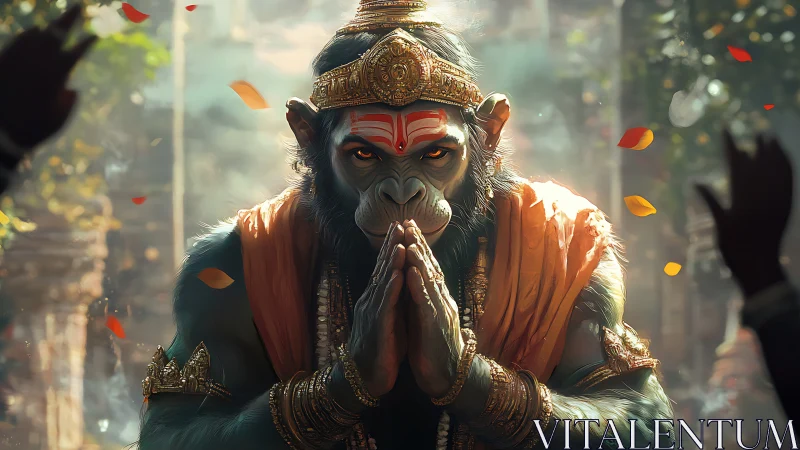 Divine monkey warrior in prayer pose with golden crown.