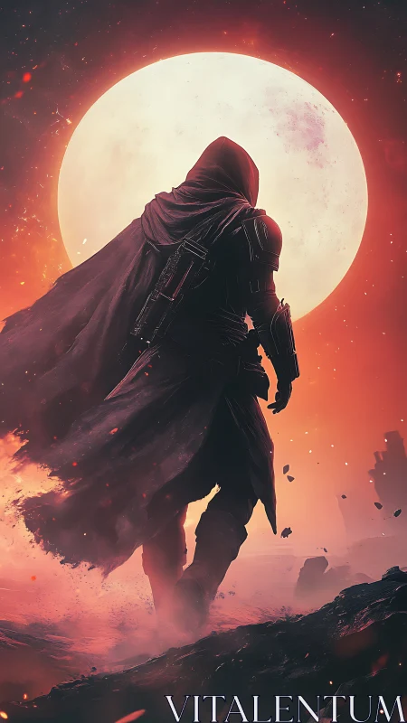 Hooded armored figure walks toward oversized glowing moon