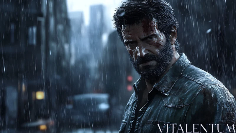 Scarred survivor studies stormwashed city street in rain