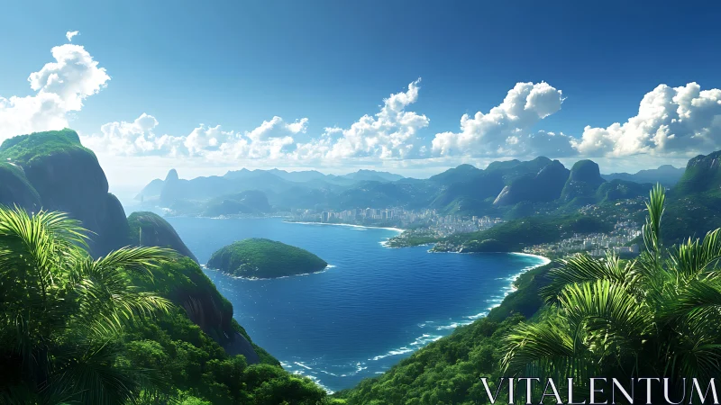 Tropical Coastal Paradise: Verdant Mountains Frame Azure Bay.