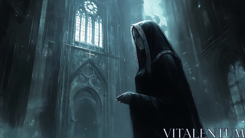 Veiled figure prays in ruined gothic cathedral under cold light