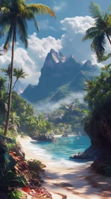 Tropical Paradise Beach with Dramatic Mountain Peak Behind