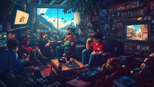 Retro gamers unwind together in a cozy neon-lit den